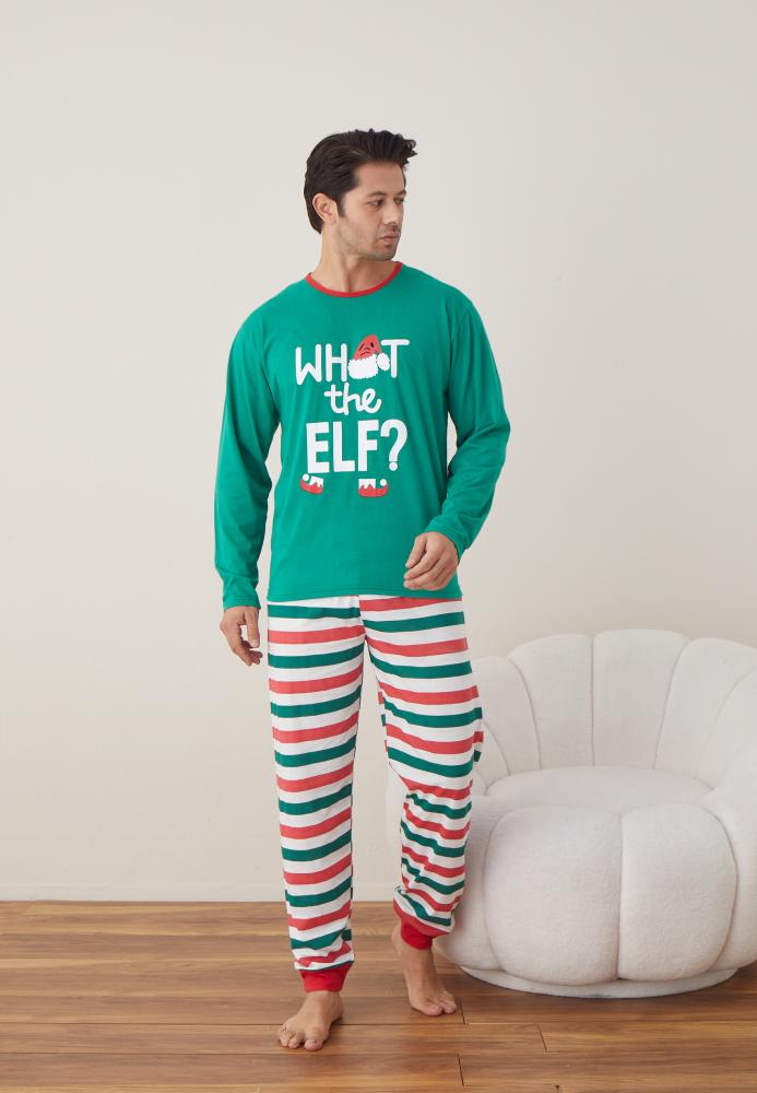 Pijama barbati Craciun "WHAT the ELF?" , maneca lunga ,pantaloni lungi,Culoare Verde ,Engros